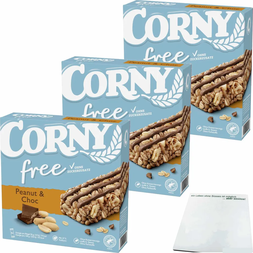 Corny free Peanut & Choc 6 Riegel 3er Pack (3x120g Packung) + usy Block