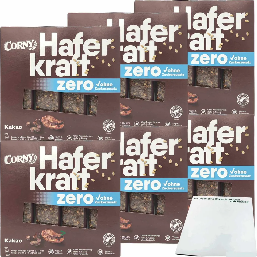 Corny Haferkraft Zero Kakao Hafer-Kakao-Riegel 6er Pack (24x35g Riegel) + usy Block