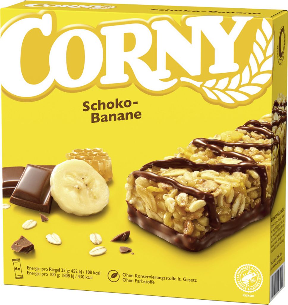 Corny Müsliriegel Schoko Banane 6 Stück à 20 g, Müsliriegelaus Milchschokolade, Banane, gerösteten Vollkornflocken & Getreidecrispies 10 x 120 g