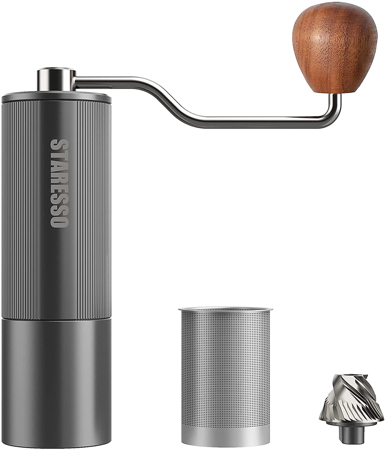STARESSO Manual Coffee Grinder Stainless Steel Grinder Aluminium Alloy High Quality Adjustable Hand Coffee Grinder with Coffee Filter Walnut Handle Espresso Grinder Hand Mill