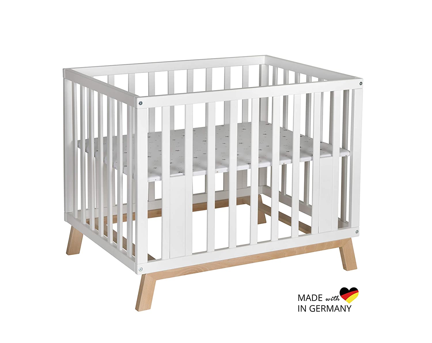 Schardt 02 050 00 87 077 Playpen Holly White/Natural, Solid Beech Wood, Foil Star Grey, Made in Germany, Beige