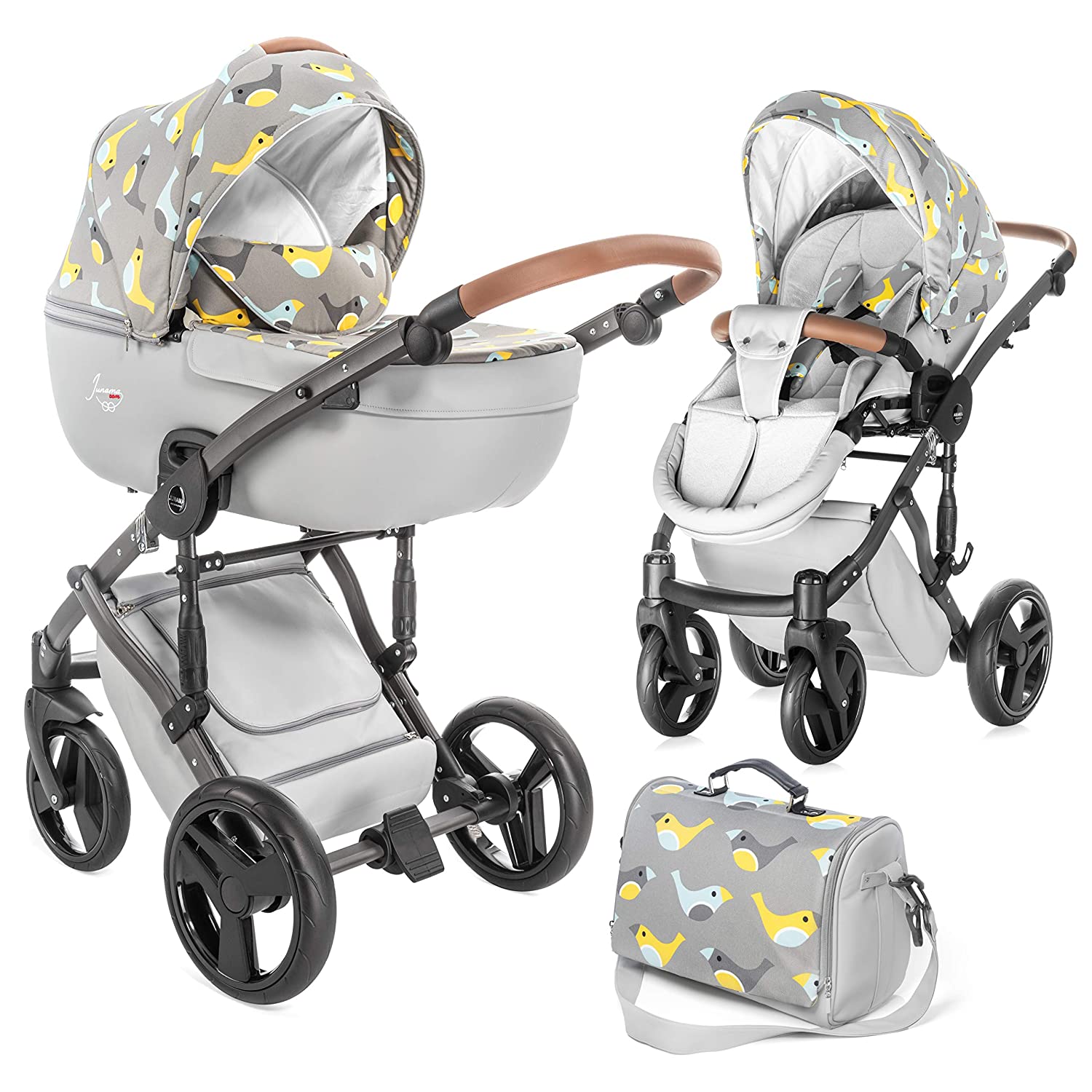Junama Madena 2-in-1 Combination Pram Set with Baby Bath and Pushchair Folding Pushchair with Changing Bag and Accessories Skylark Grey