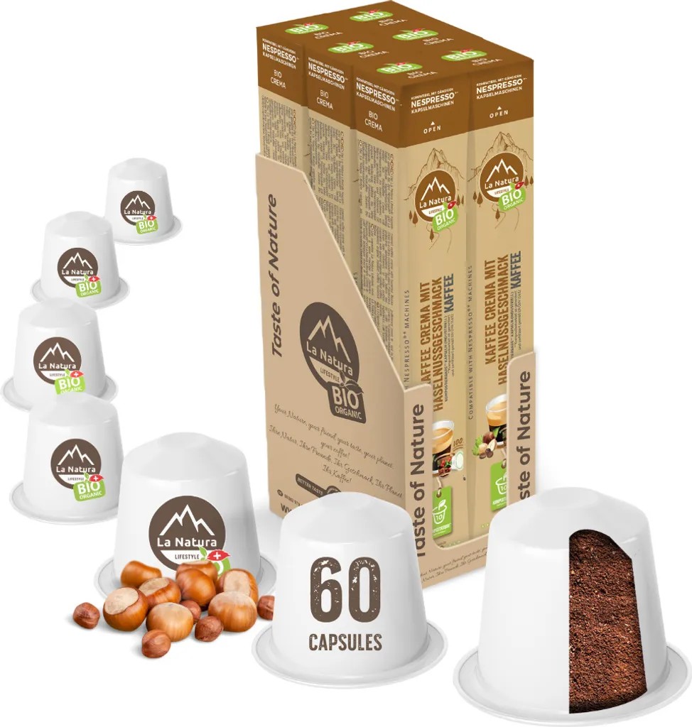 Crema Hazelnut Coffee - 60 Coffee Capsules | La Natura Lifestyle Organic 306g | Bio-based | Nespresso®*³ compatible