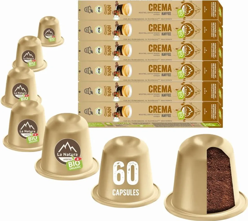 Crema Coffee - 60 Coffee Capsules | La Natura Lifestyle Organic 306g | Bio-based | Nespresso®*³ compatible