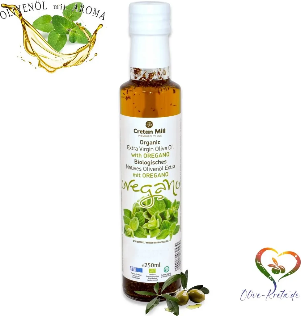 CRETAN MILL 15842 Organic Olivenöl mit Kräuteraroma OREGANO 250ml Flasche