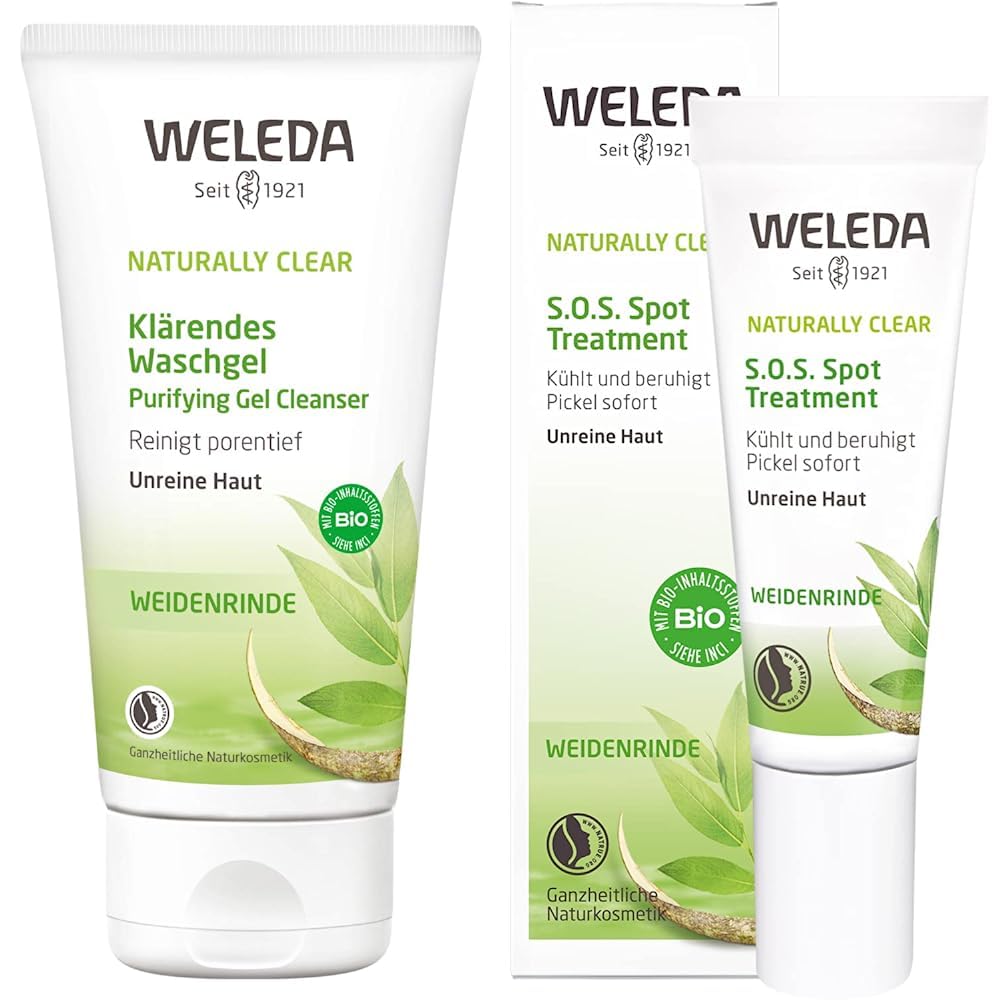 WELEDA Bio Naturally Clear Clarifying Wash Gel, Natural Cosmetics for Pimples and Blemished Skin & Organic Naturally Clear S.O.S Spot Treatment, Natural Cosmetics for Treating Pimples and Blackheads