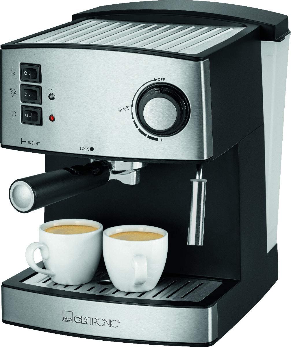 Clatronic Espresso Portafilter Machine ES 3643, Espresso Machine with 15 Bar Pump Pressure, Milk Foam Nozzle, Espresso and Cappuccino Machine, 1.6 Litre Water Tank, Cup Preheating Function, Stainless Steel