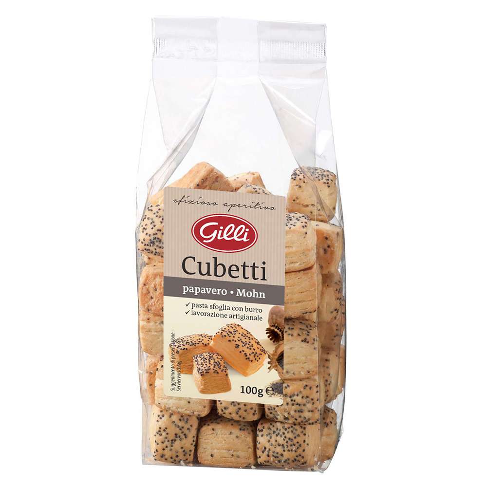 Cubetti puff pastry cubes with poppy seeds