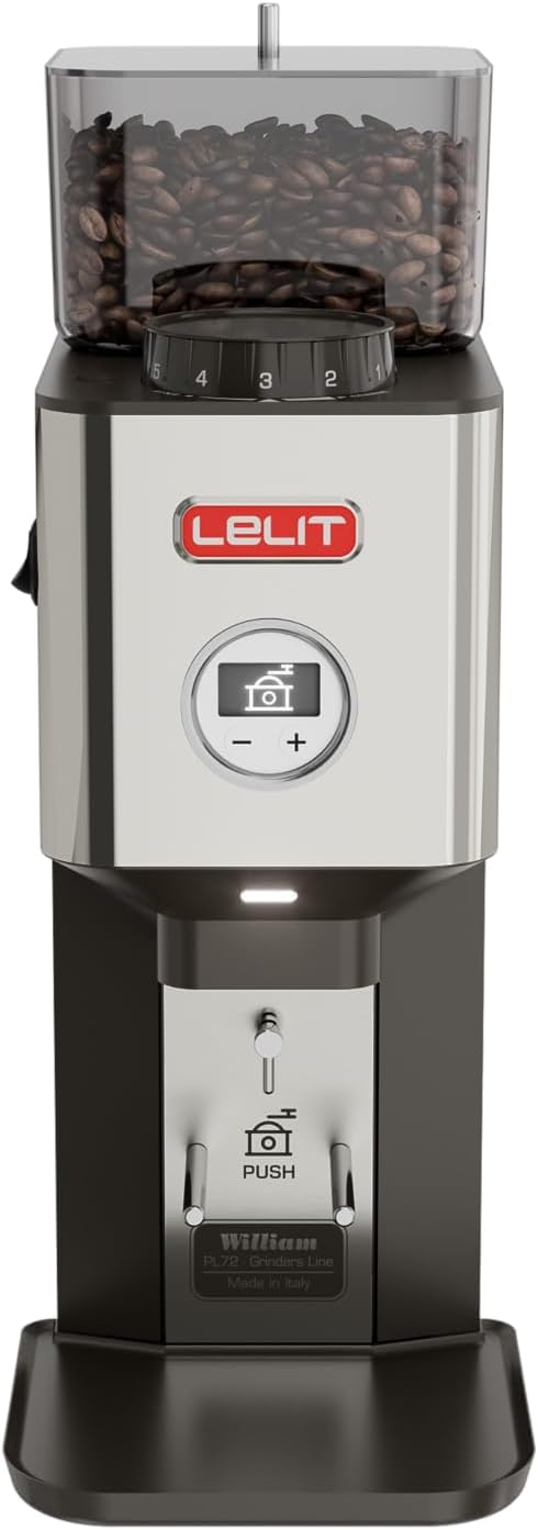 Lelit PL72-P William Professional on Demand Coffee Grinder with 64 mm flat grinding discs and white lcc display to perform all parameters, Stainless Steel