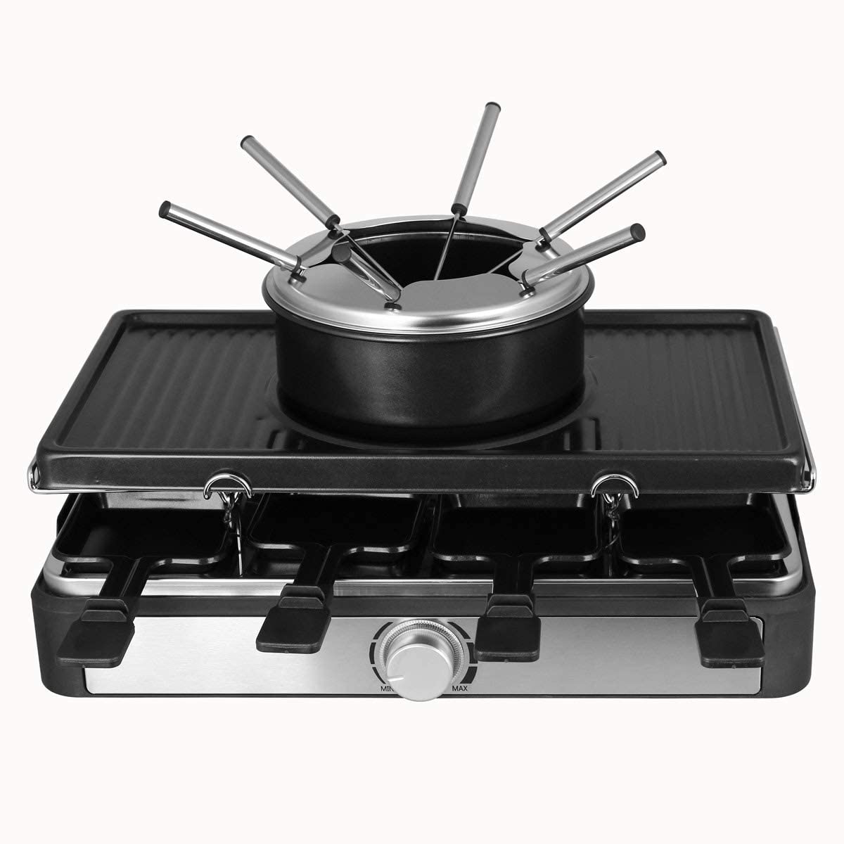 Emerio Party Fun for Up to 8 People with this 3-in-1 Combination of Raclette Grill and Cheese Fondue for A Variety of Barbecue Pleasure, Including 8 Pans, 8 Spatulas, 6 Fondue Forks, BPA Free
