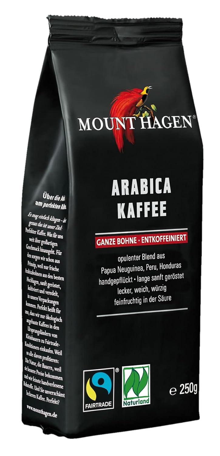 Mount Hagen Organic FT Naturland Arabica Roasted Coffee Whole Bean Decaffeinated 250g