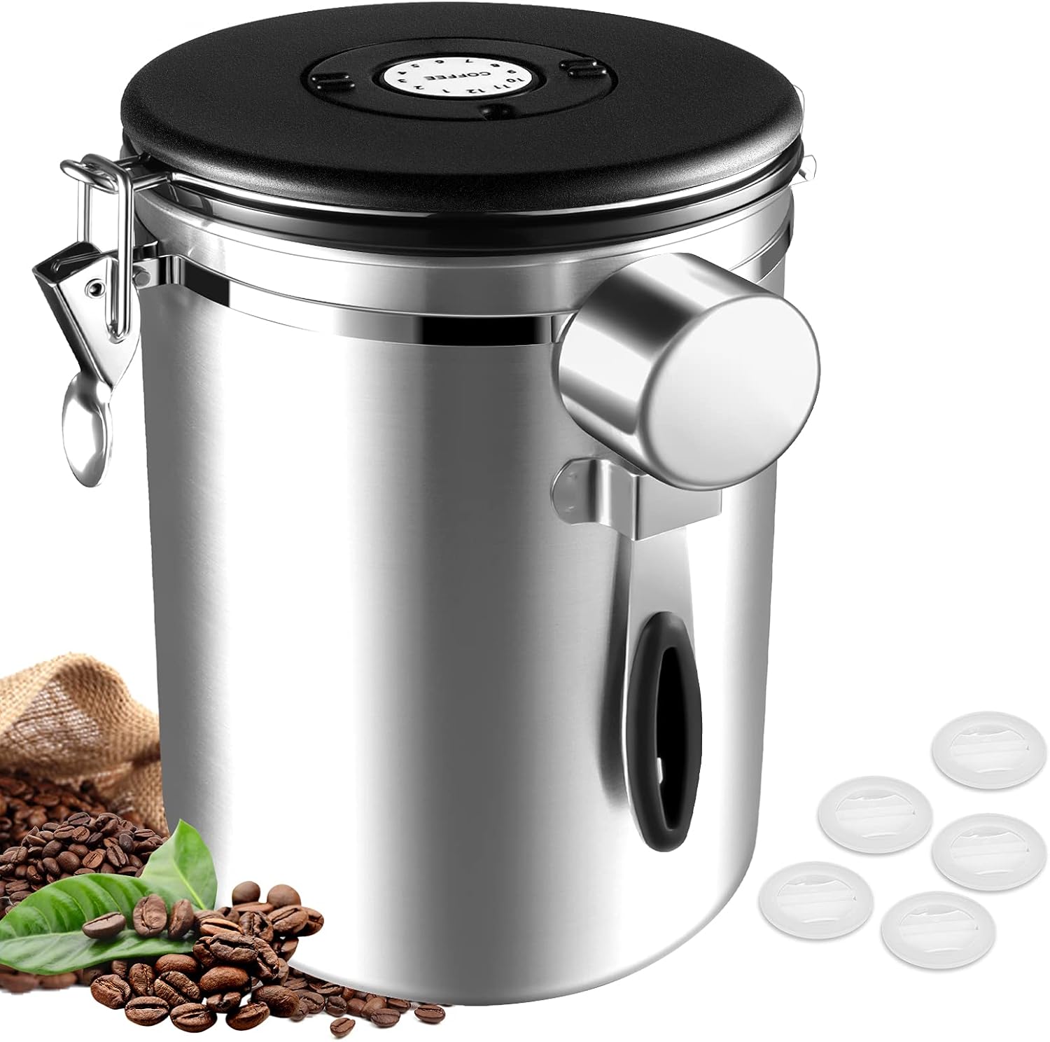 Coffee Canisters Airtight 1 kg Beans, 2800 ml Coffee Beans Container Coffee Container Storage Jars Made of Stainless Steel with Date Tracker, 30 ml Measuring Scoop and CO₂ Valve for Coffee Bean