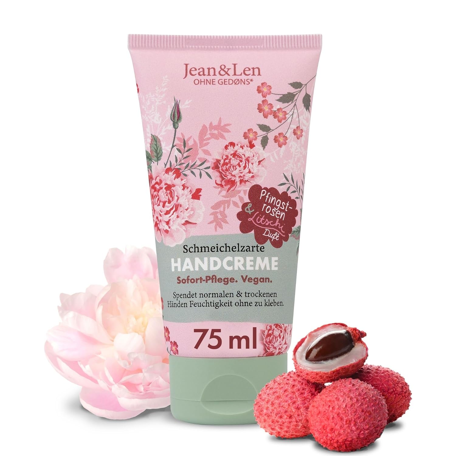 Jean & Len Peony & Lychee Hand Cream Moisturises Normal & Dry Hands with Provitamin B5, Shea and Cocoa Butter, Vegan Hand Care, Parabens & Silicone-Free, 75 ml