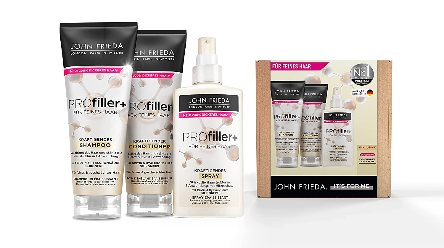John Frieda Profiller + Value Set - Contents: Shampoo, 250 ML + Conditioner, 250 ml + Strengensing Spray, 150 ml - For Fine Hair - With Biotin & Hyaluronic Acid, ‎white