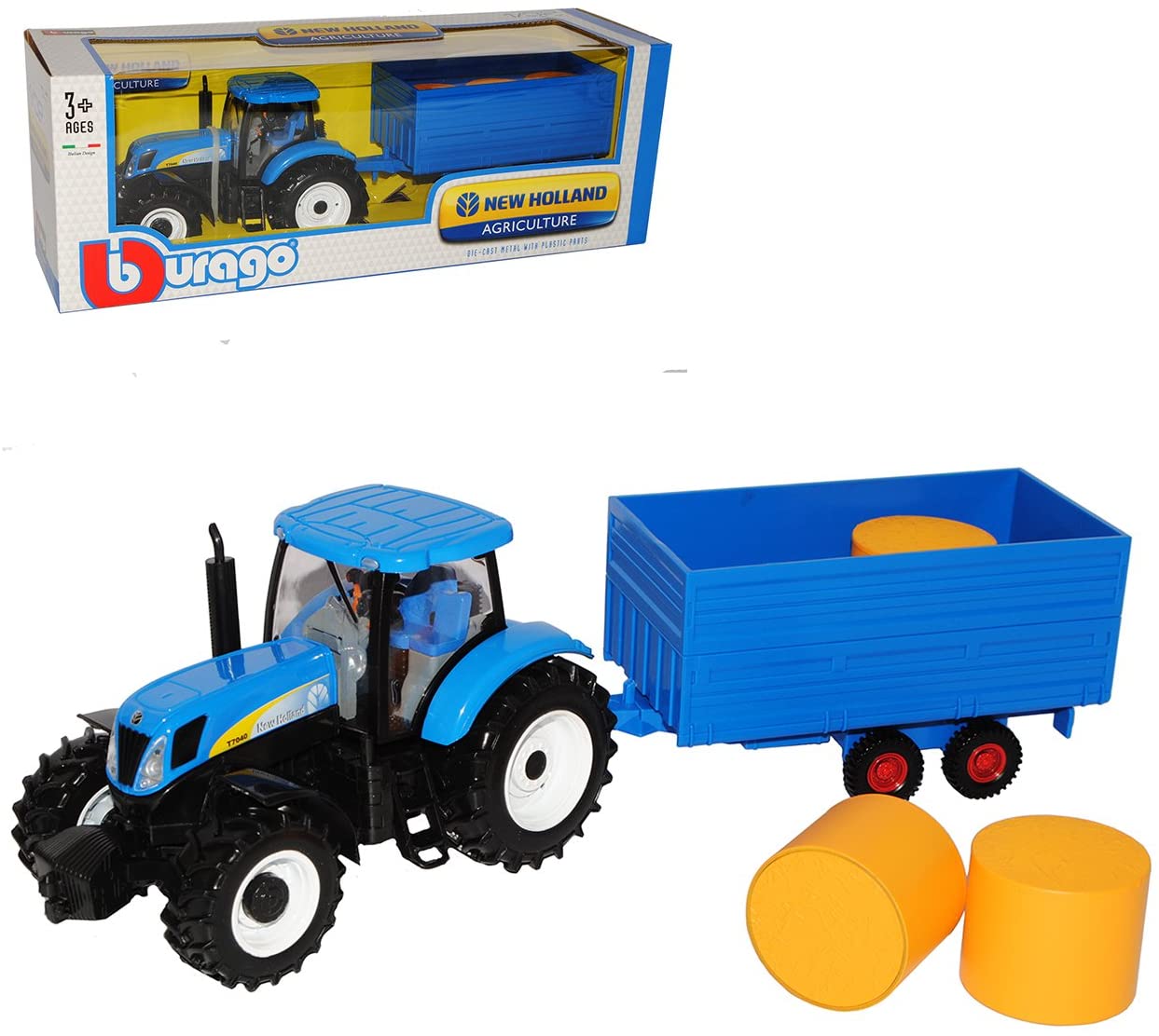 Bburago New Holland T7040 Tractor With Open Earrings, Hay Cart Agriculture Blau 1/3