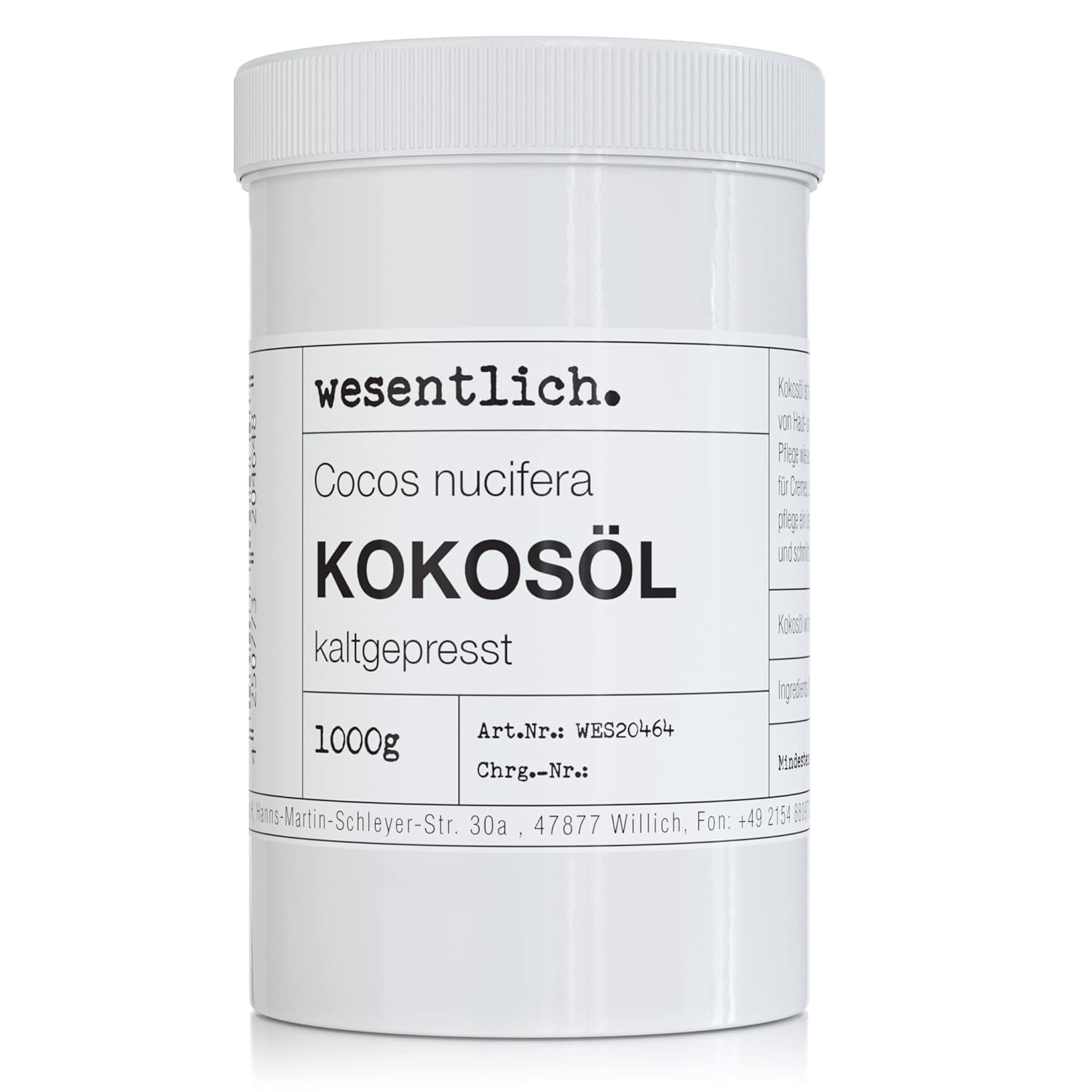 Coconut Oil Cold-Pressed 1000 g - Pure Care for Skin and Hair - No Additives - in Resealable Screw Lid Tin by wesentlich.
