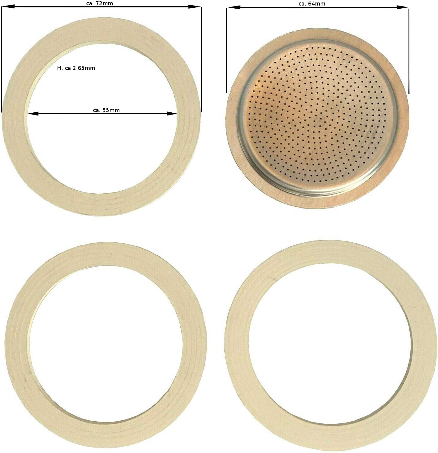 Sergioshop Replacement SEAL SET for Espresso Maker - 6 Cups Aluminum - 3 x Sealing Ring 1 x Replacement Strainer