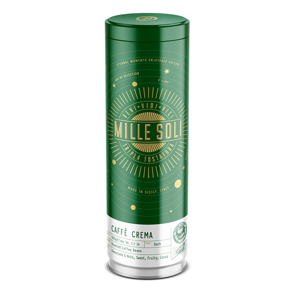 MilleSoli Caffè Crema - Coffee Beans 500 g in Airtight Tin Reusable - Traditional Roasting Handmade in Sicily - Dark Roast - Ideal for Fully Automatic Coffee Machines and Portafilters