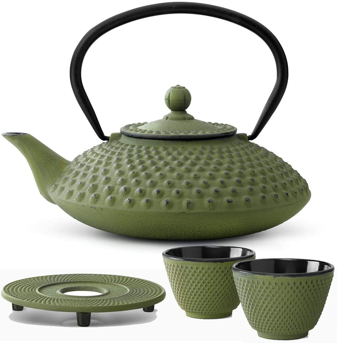 Bredemeijer Teapot Asian Cast Iron Set Green 1.25 Litres with Tea Filter Strainer with Warmer and Tea Cup (2 Cups) Green
