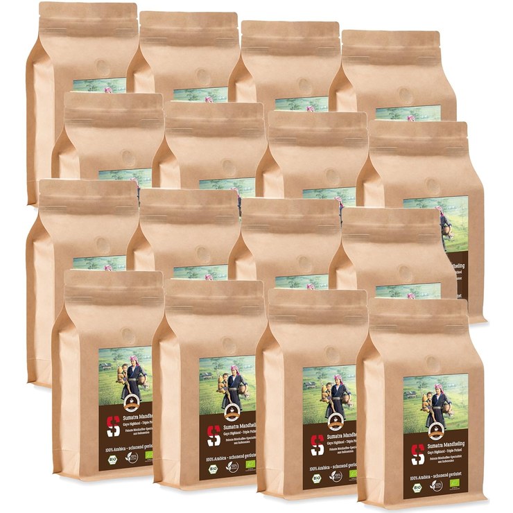Coffee Globetrotter - Sumatra Mandheling Gayo Highland - Organic - 16 x 1000 g Fine Ground - for Fully Automatic Coffee Grinder - Roasted Coffee from Organic Cultivation | Gastropack Economy Pack