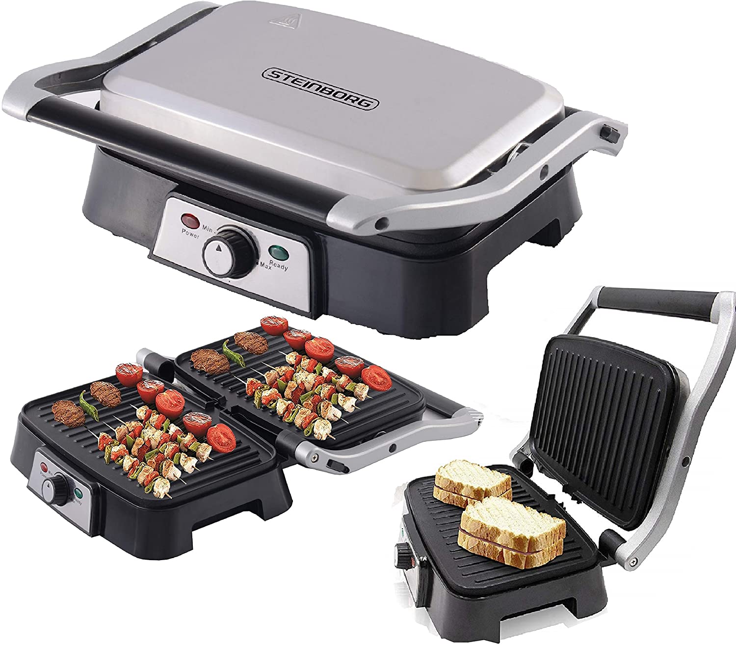Steinborg Contact Grill Electric Table Grill 180° Opening Panini Grill Sandwich Toaster Grill Non-Stick Coating Thermostat Cool Touch Technology Grease Tray