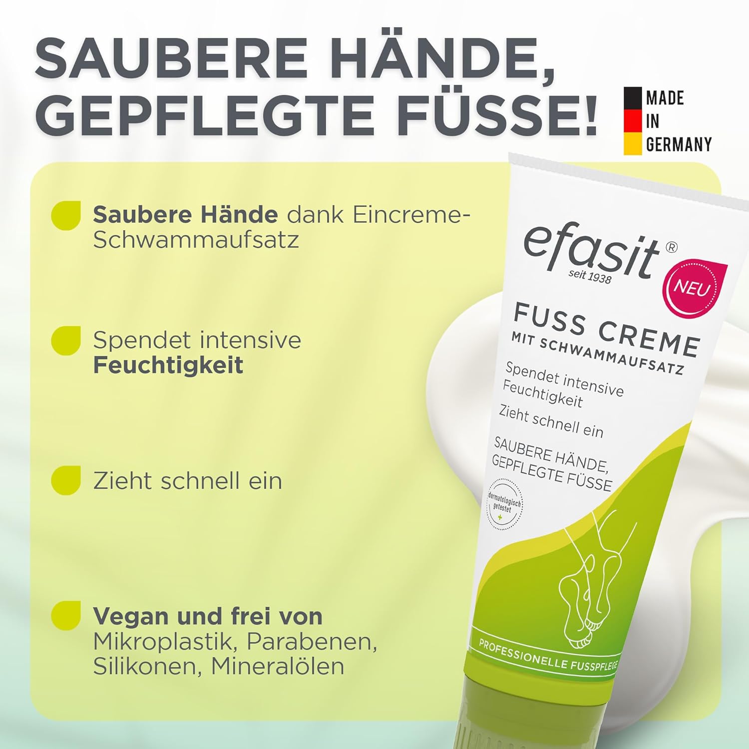 efasit Foot Cream with Sponge Attachment, Foot Cream for Dry Feet with Applicator, Application Without Sticky Hands Thanks to Cream Sponge, Absorbs Quickly, Urea Foot Cream as Ideal Foot Care, 75 ml