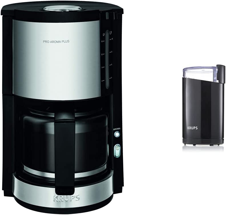 Krups KM3210 Proaroma Plus Filter Coffee Machine | 10 Cups | 1100 Watt | Black with Stainless Steel Applications & F20342 Coffee Grinder and Spice Mill in One 75 g Capacity Black
