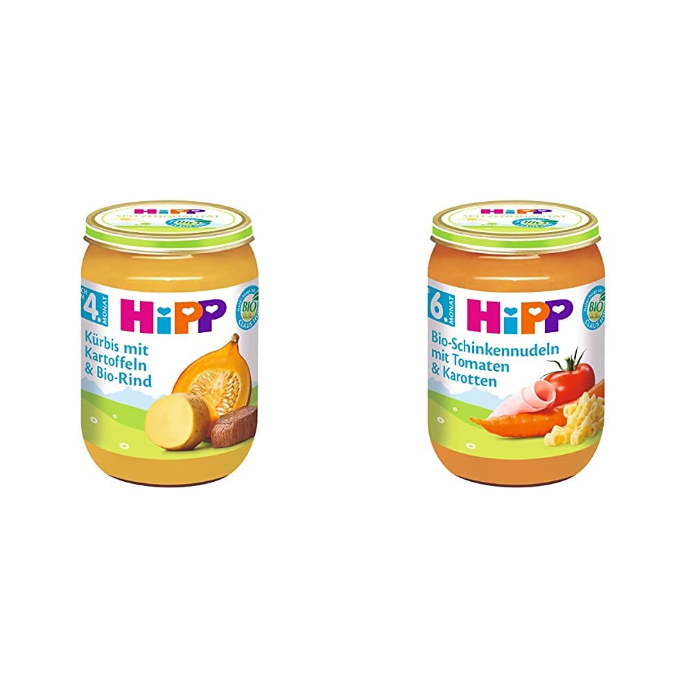 HiPP Kürbis mit Kartoffeln und Bio-Rind, 6er Pack (6 x 190 g) & Bio-Schinkennudeln mit Tomaten und Karotten, 6er Pack (6 x 190 g)