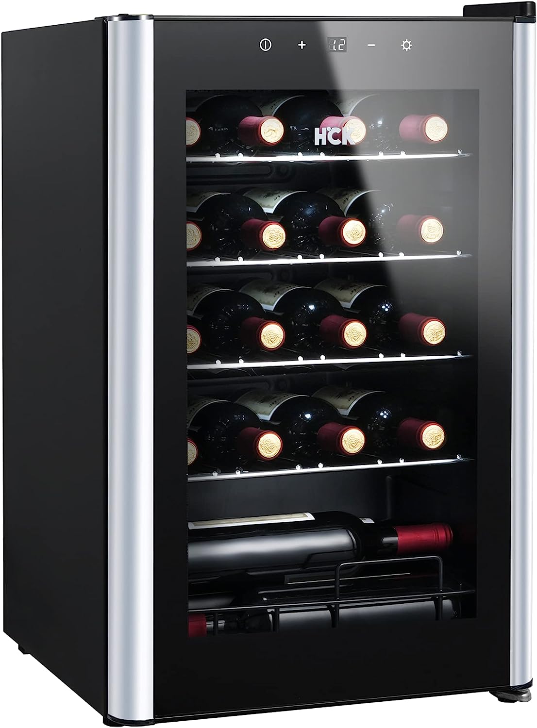 HCK Wine Refrigerator, Wine Refrigerators 24 Bottles, 70 Litres, Single Cooling Zone 4-22°C, Small Wine Fridge with Glass Door, Full Glass Touch Panel Design, Black