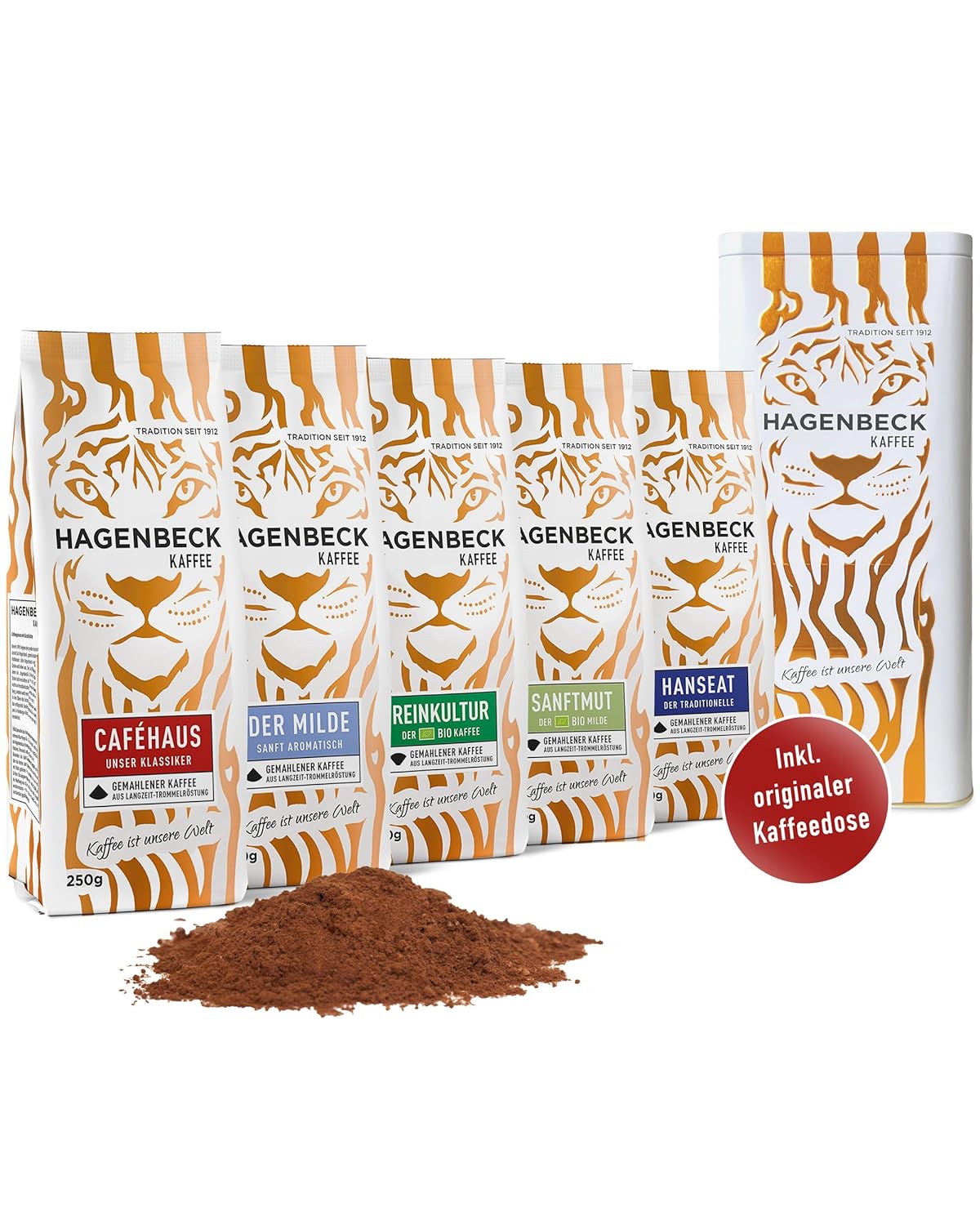 Hagenbeck Coffee Gift Set | Aromatic Filter Coffee Ground | 250g each Cafehaus, Hanseat, Der Milde, Bio-Reinkultur & Bio Gentleness with Tiger Gift Box | Trial set as a gift idea