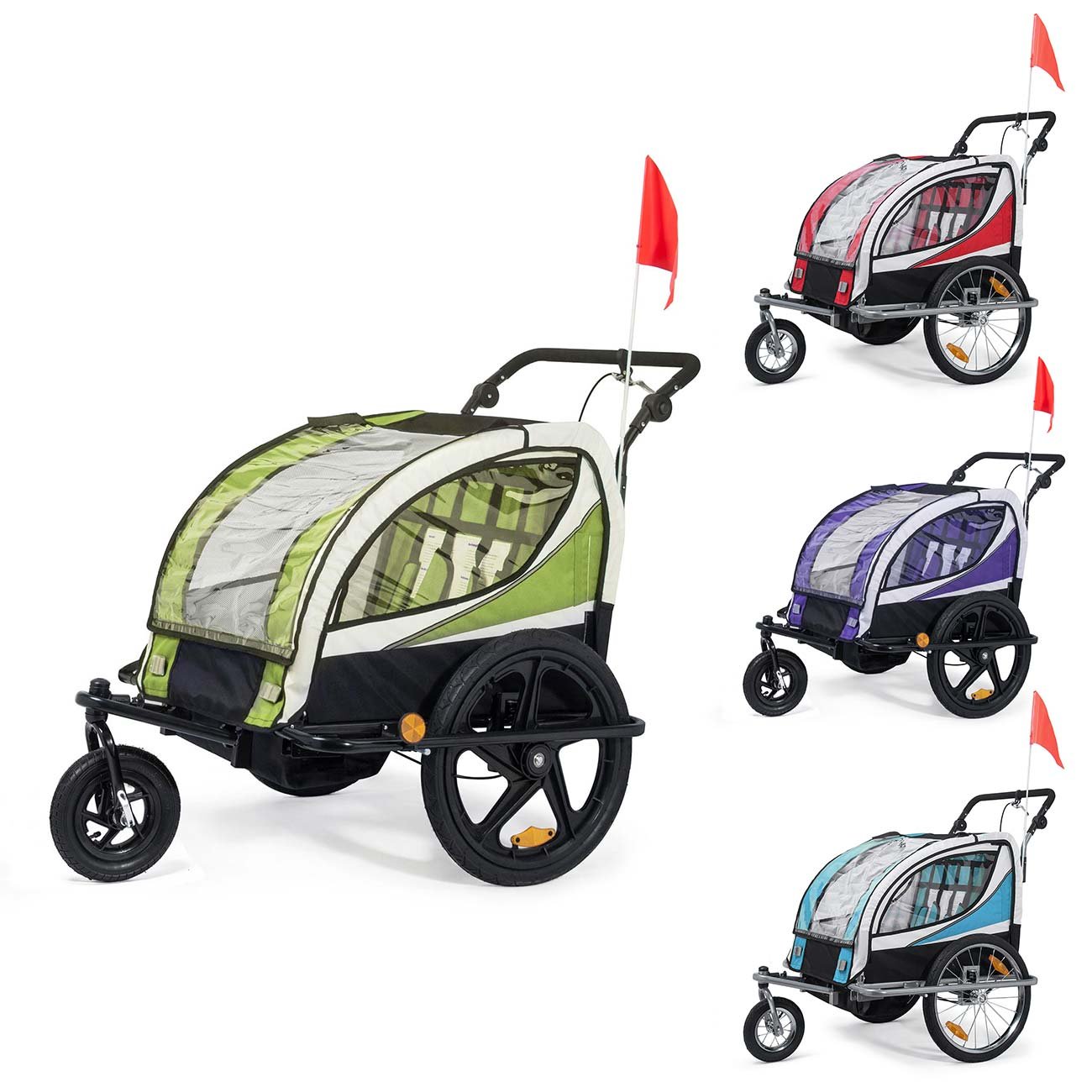 SAMAX Bicycle Trailer Jogger 2in1 360° Rotatable Children\'s Trailer Children\'s Bicycle Trailer Transport Trolley Fully Spring-Loaded Rear Axle for 2 Children - Other Colours Available