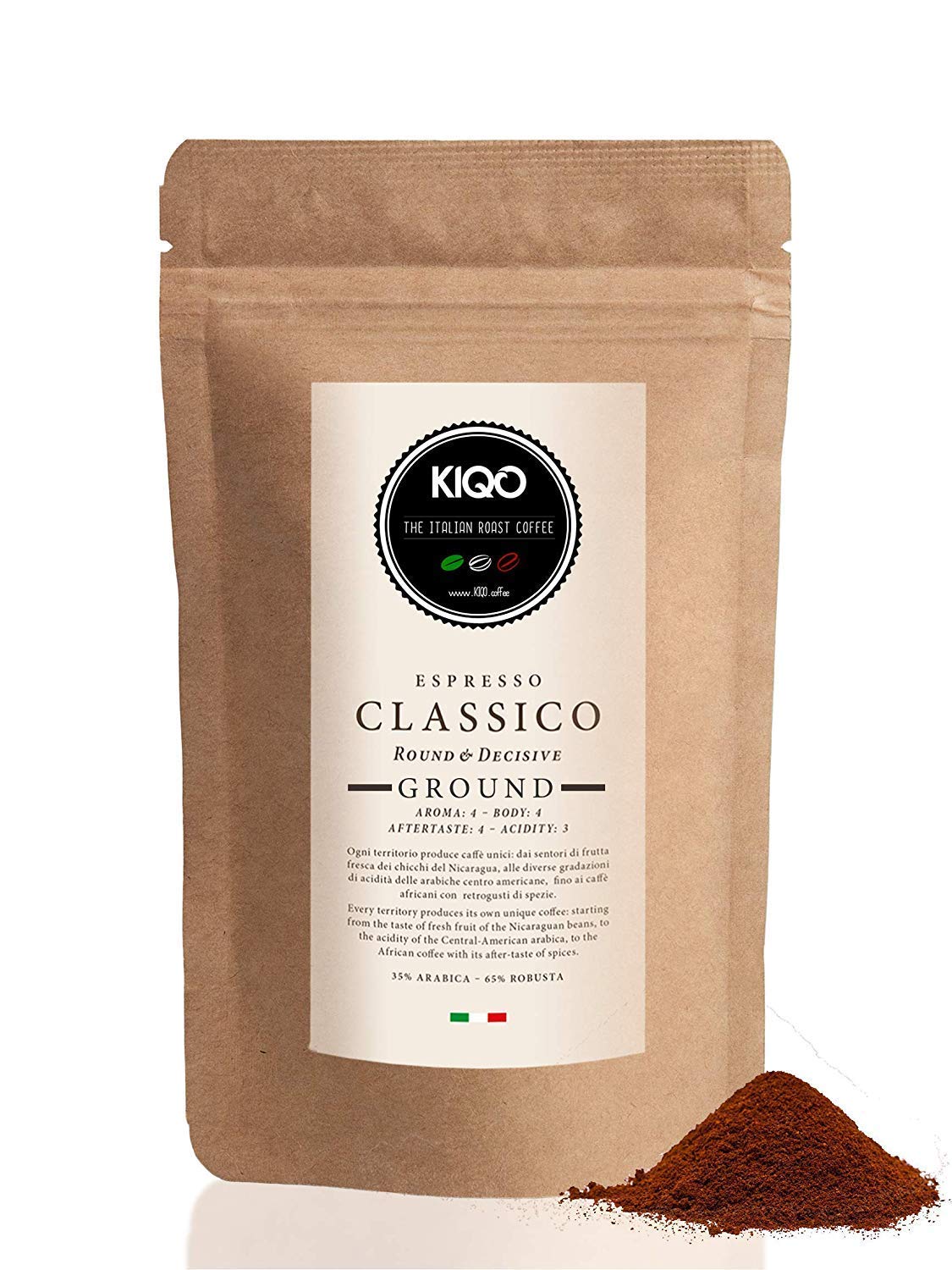 CLASSICO 250 g Coffee from Italy by KIQO - Balanced Premium Espresso - Medium Roast - for Filter Jug or French Press - 35% Arabica & 65% Robusta Beans (250 g - Ground)