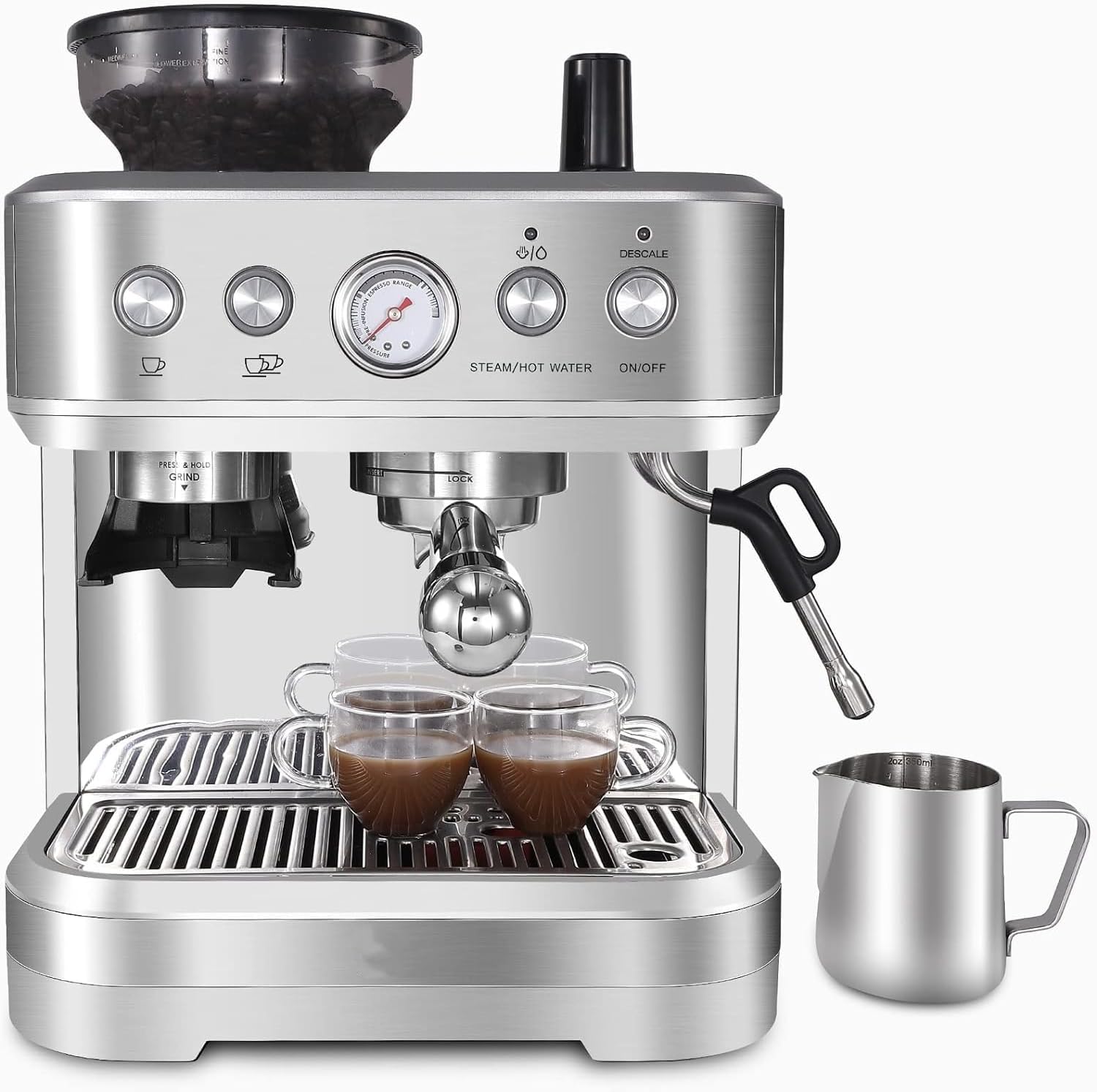 Belect Espresso portafilter machine, espresso machine with an integrated grinder and professional milk foam nozzle, stainless steel, silver