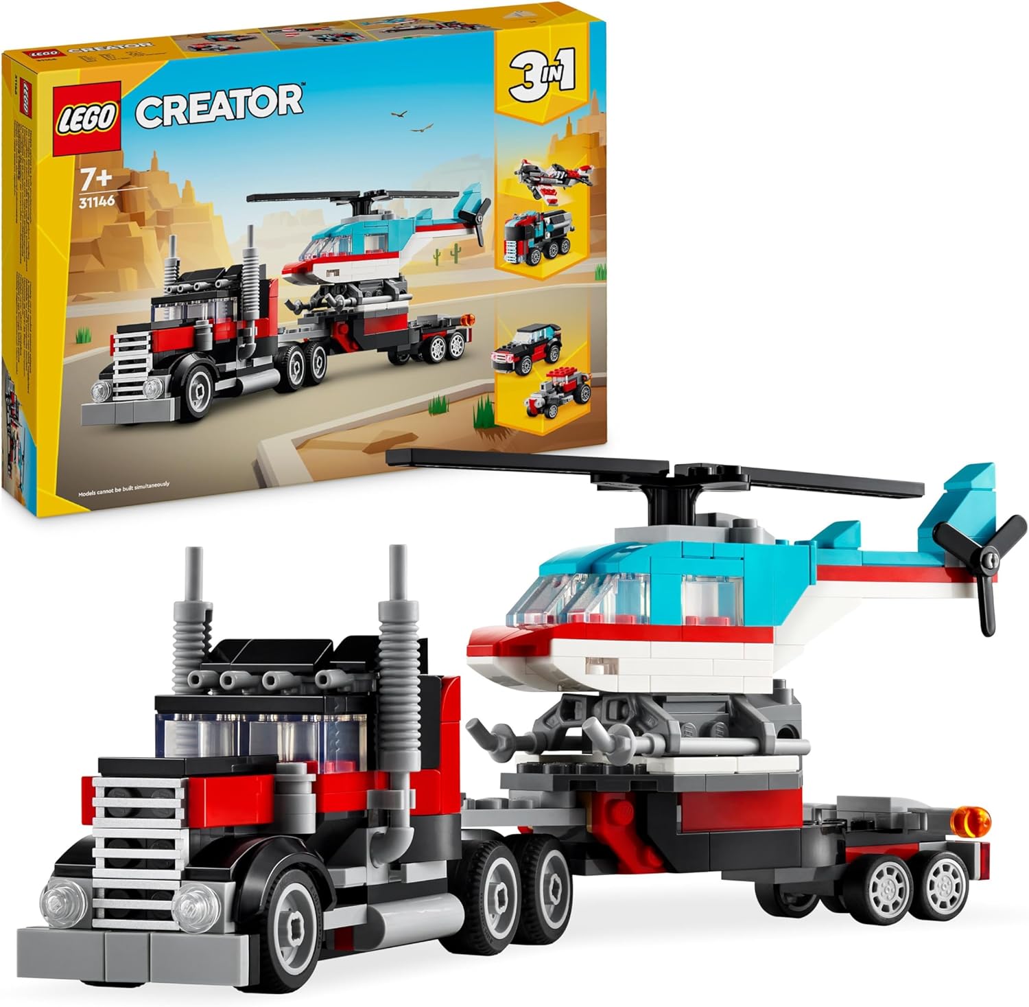 LEGO Creator 3-in-1 Low Loader with Helicopter, Vehicle Set with Helicopter and Truck Toy, Plane and Tank Truck, Hot Rod and SUV, Gift for 7 Year Old Boys and Girls 31146