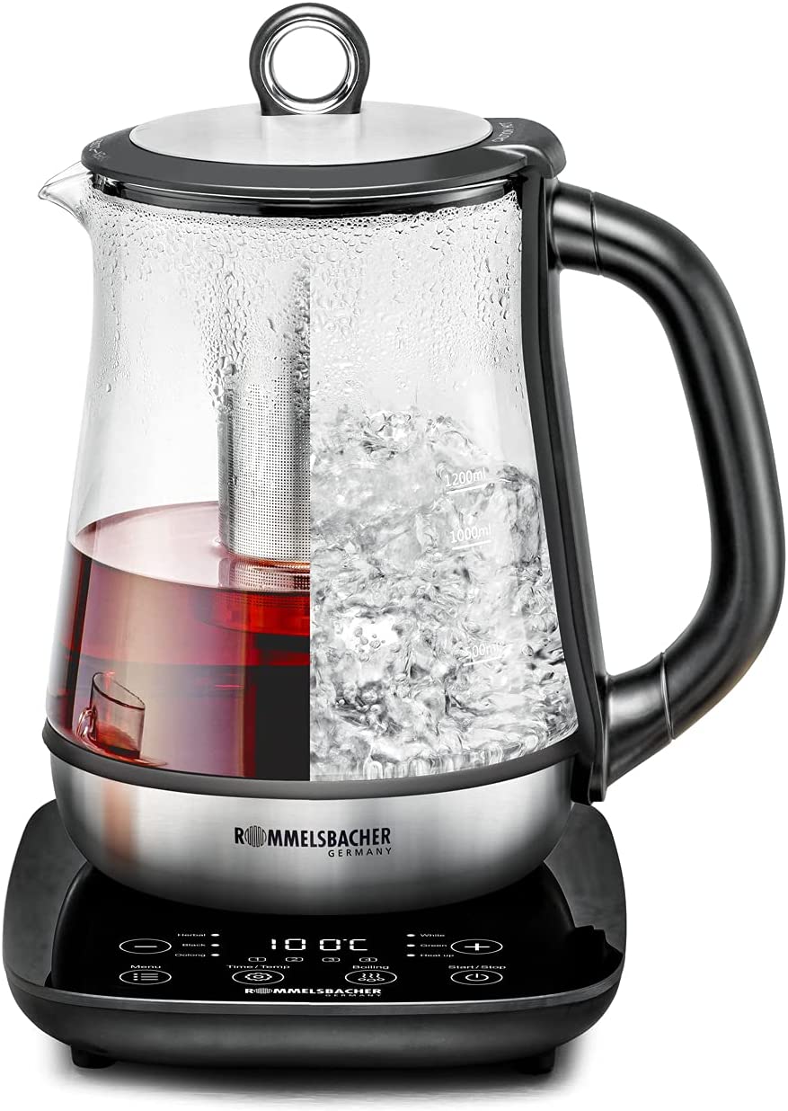 ROMMELSBACHER TA 2000 Tea and Kettle - 6 Programmes, Temperature Control from 50-100 °C, Quick Start Button, Brewing Time up to 10 Minutes, Warming Function, Glass Jug, Stainless Steel Tea Strainer, 2000 Watts
