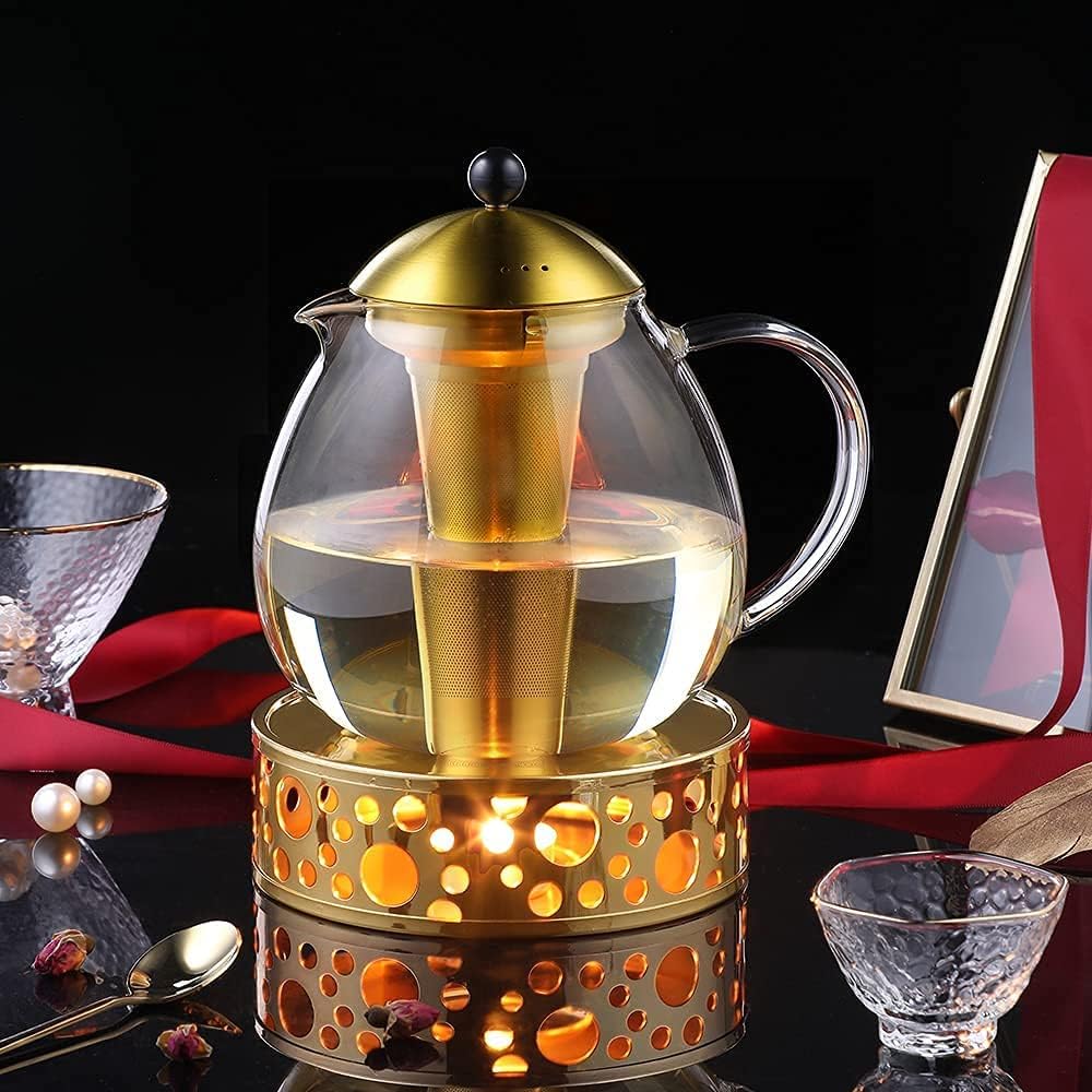 glastal Glass Golden Teapot 1500 ml with 18/8 Stainless Steel Tea Strainer Borosilicate Glass Tea Maker Glass Jug Suitable for Tea Warmer