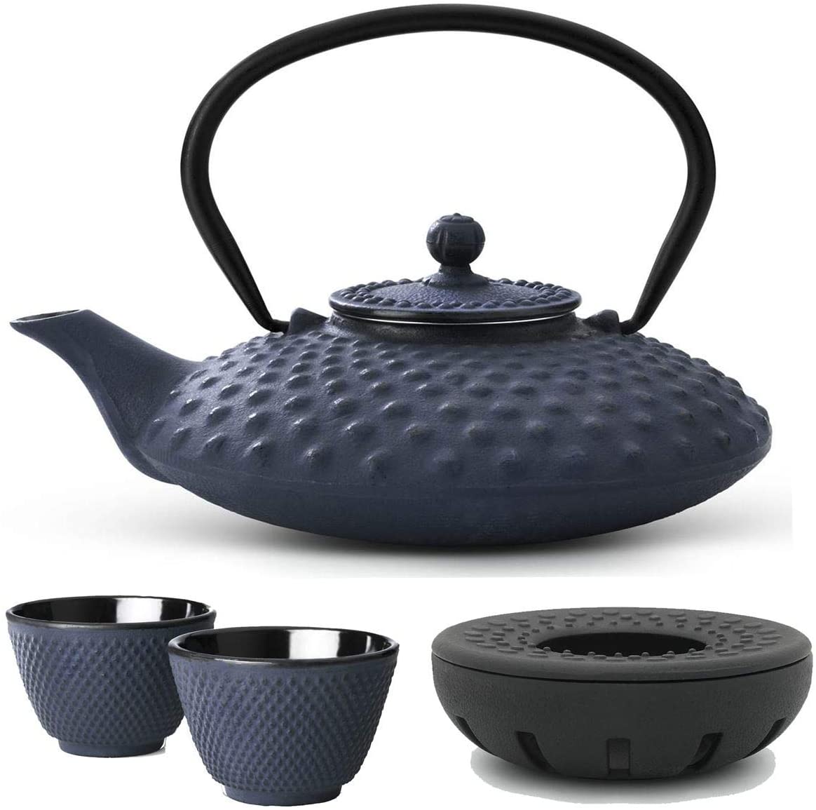 Bredemeijer Teapot Asian Cast Iron Set Blue 0.8 Litres with Tea Filter Strainer and Warmer Including Tea Cup