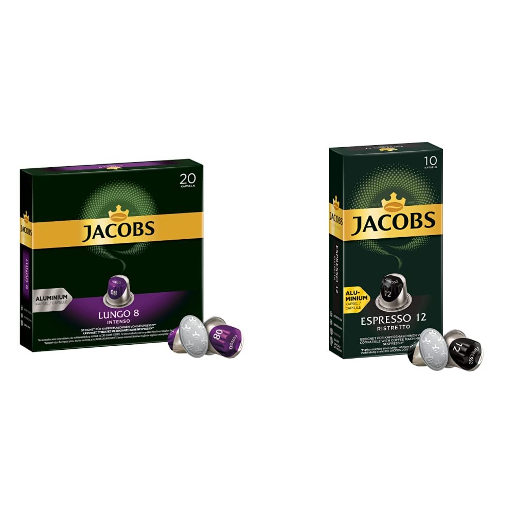 Jacobs Lungo Intenso Coffee Capsules, Intensity 8 of 12 & Espresso Ristretto Coffee Capsules, Intensity 12 of 12, 100 Nespresso®* Compatible Capsules, Pack of 10, 10 x 10 Drinks