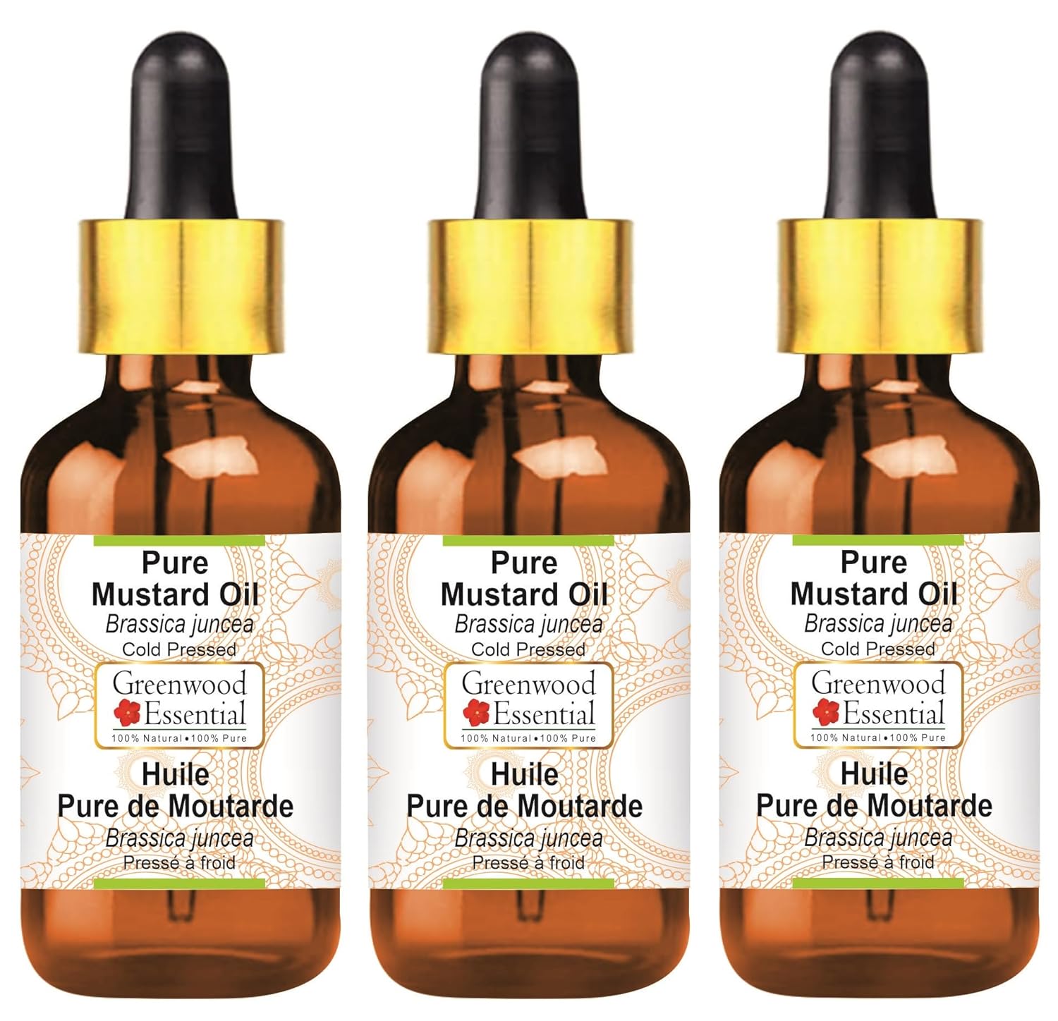 Greenwood Essential Natural Pure Mustard Oil (Brassica Juncea) with Glass Dropper Cold Pressed 100 ml x 3 (10 oz)