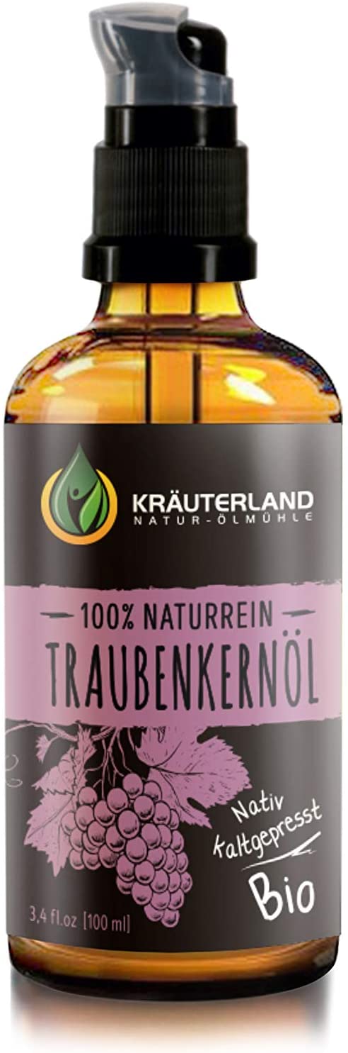 krauterland Kräuterland - Grape Seed Oil Organic Skin Oil 100 ml - 100% Pure, Cold Pressed - Care for Face, Body, Hair - for Dry and Sensitive Skin - Premium Quality