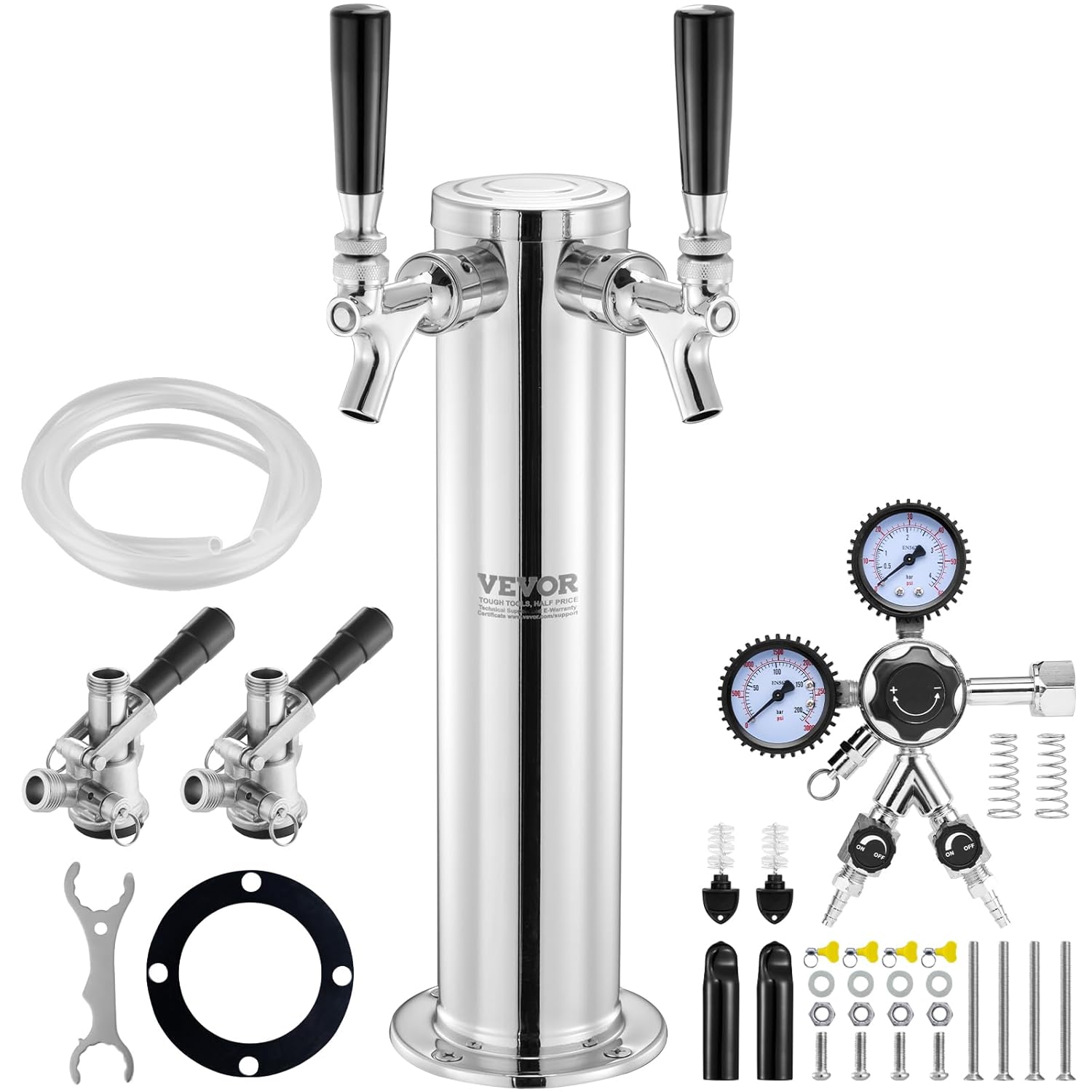 VEVOR Beer Dispenser Beer Tower Beer Conversion Kit with Two Taps, Beer Tower Dispenser Stainless Steel with Double Gauge W21.8 Regulator and S System Barrel Coupling for Parties, Home etc.