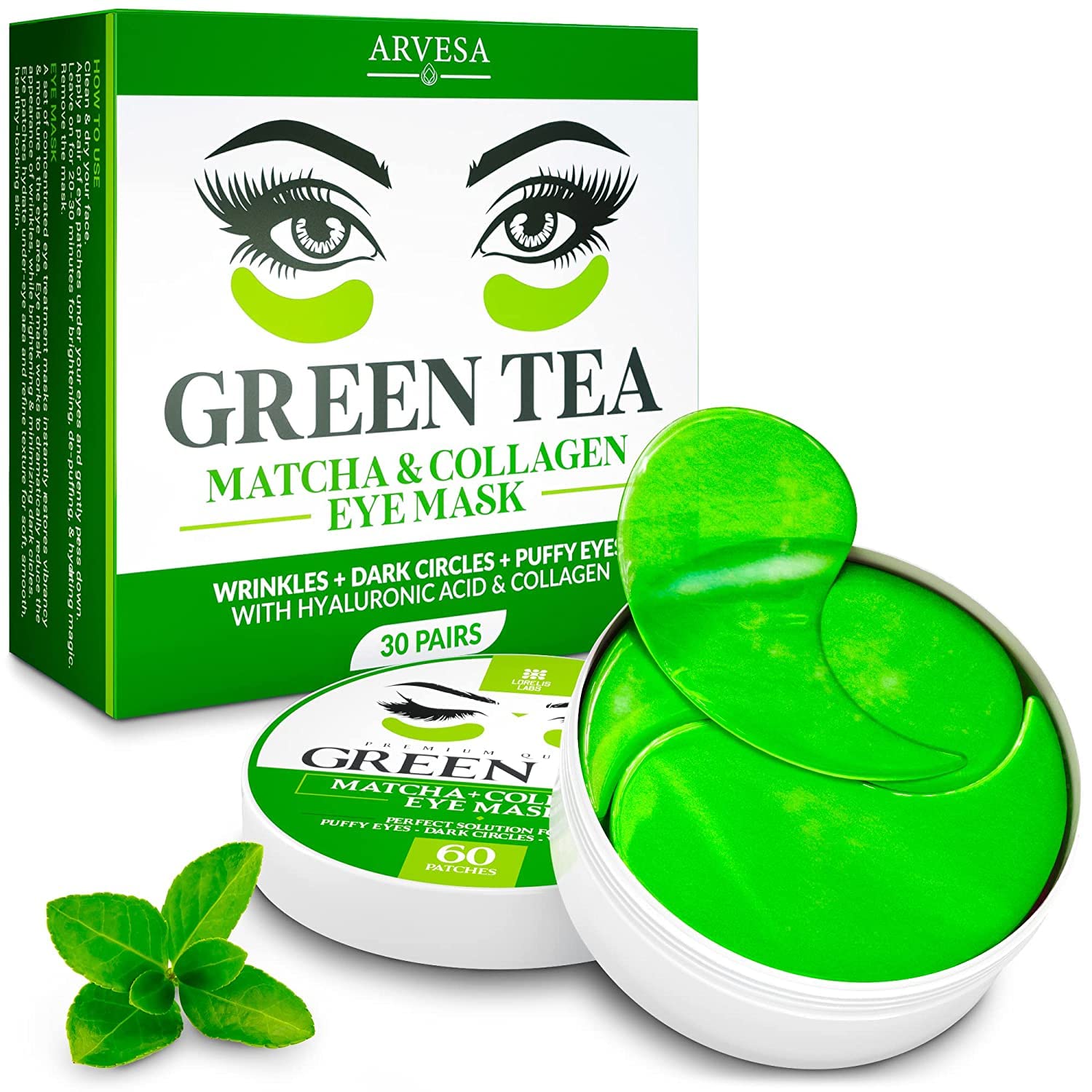 Arvesa Eye pads against dark circles, bags and wrinkles, puffiness - eye pads, eye patches, eye mask, hyaluronic acid and collagen anti-ageing eye mask, eye gel pads, 30 pairs, eye care anti-wrinkle, ‎green