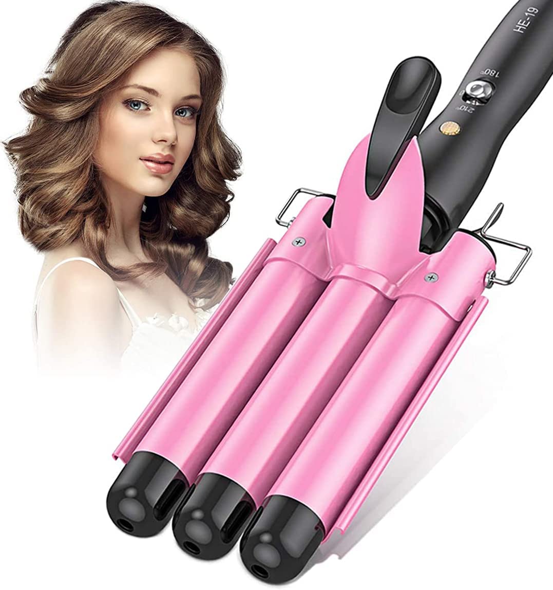 Curling Iron 3 Rollers 25 mm, Large Curls Wave Iron Wave Styler Tourmaline Ceramic with Two-Stage Temperature Control Quick Heating for Beach Waves