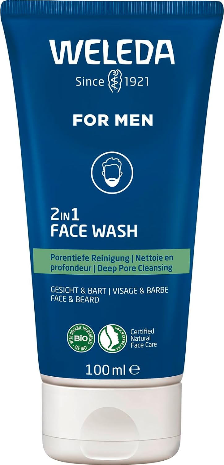 WELEDA Bio FOR MEN 2-in-1 Face Wash - Refreshing Natural Cosmetics Men\'s Face Cleansing / Beard Care Wash Gel with Willow Bark & ​​Licorice Root. Men\'s Cleansing Gel for Face & Beard (Vegan/100 ml)