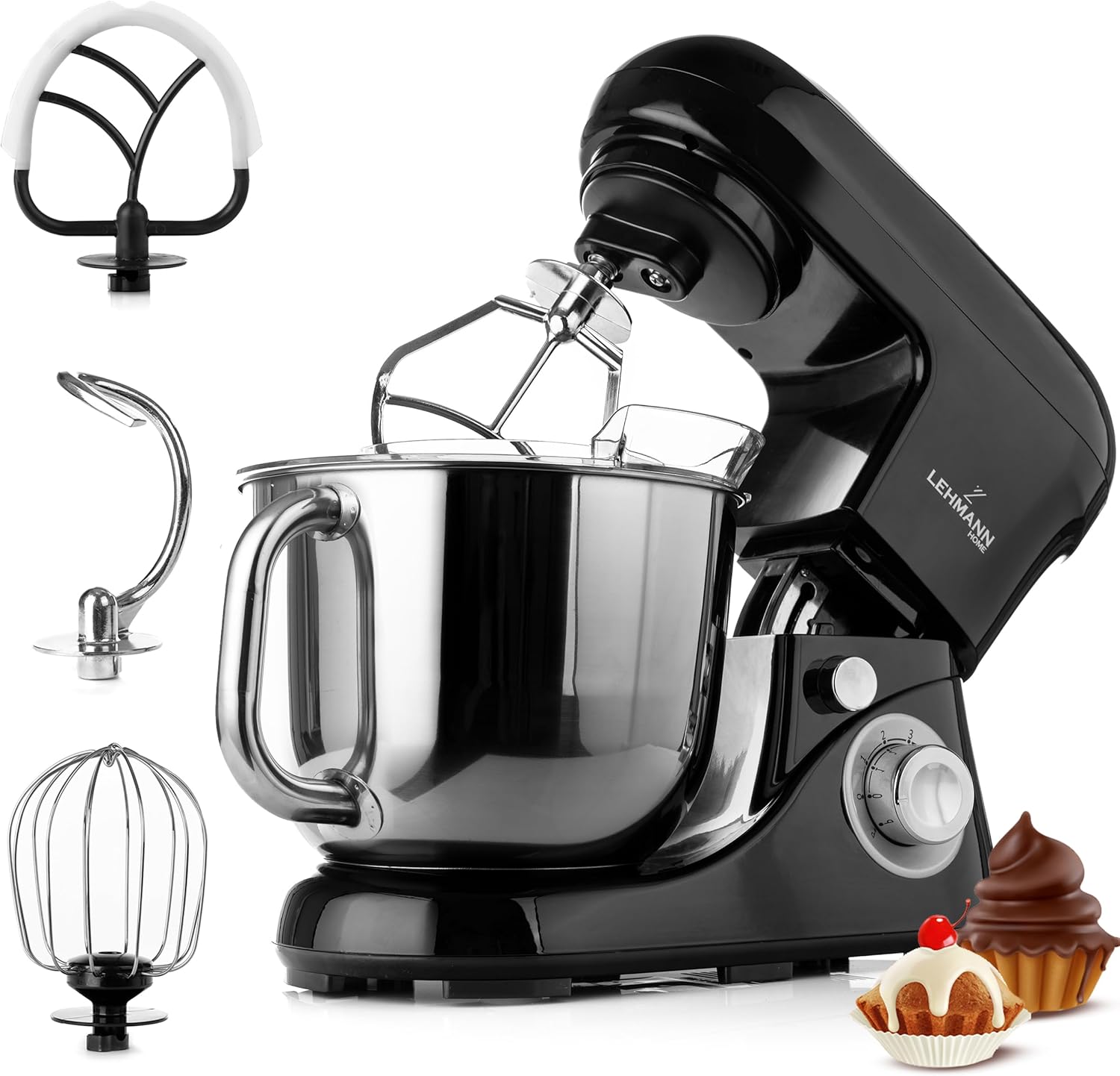 Lehmann Planetary Food Processor with Stainless Steel Bowl 5 L, Multifunctional Mixer, 2200 W, 6 Speed ​​Dough Machine, Includes Splash Guard Lid, Dough Hook and Whisk (Black)