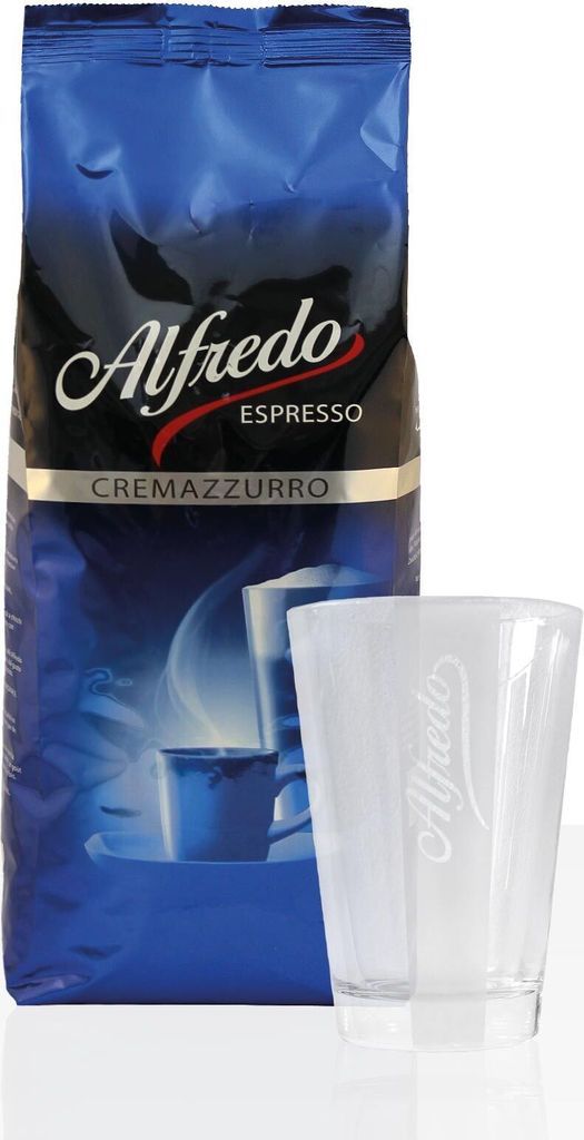 Darboven Alfredo Espresso Cremazzurro coffee beans 1kg + Latte Macchiato glass