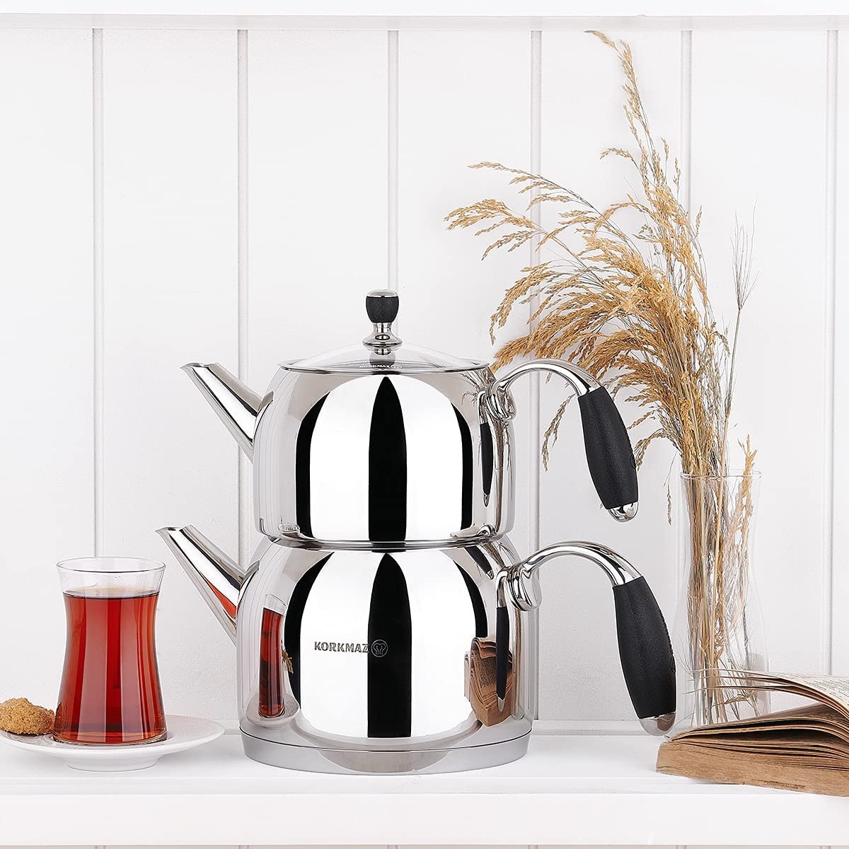 Korkmaz Flora Maxi Capsulated Turkish Tea Pot Set With Tempered Glass Lid 1.1 & 2 Quart