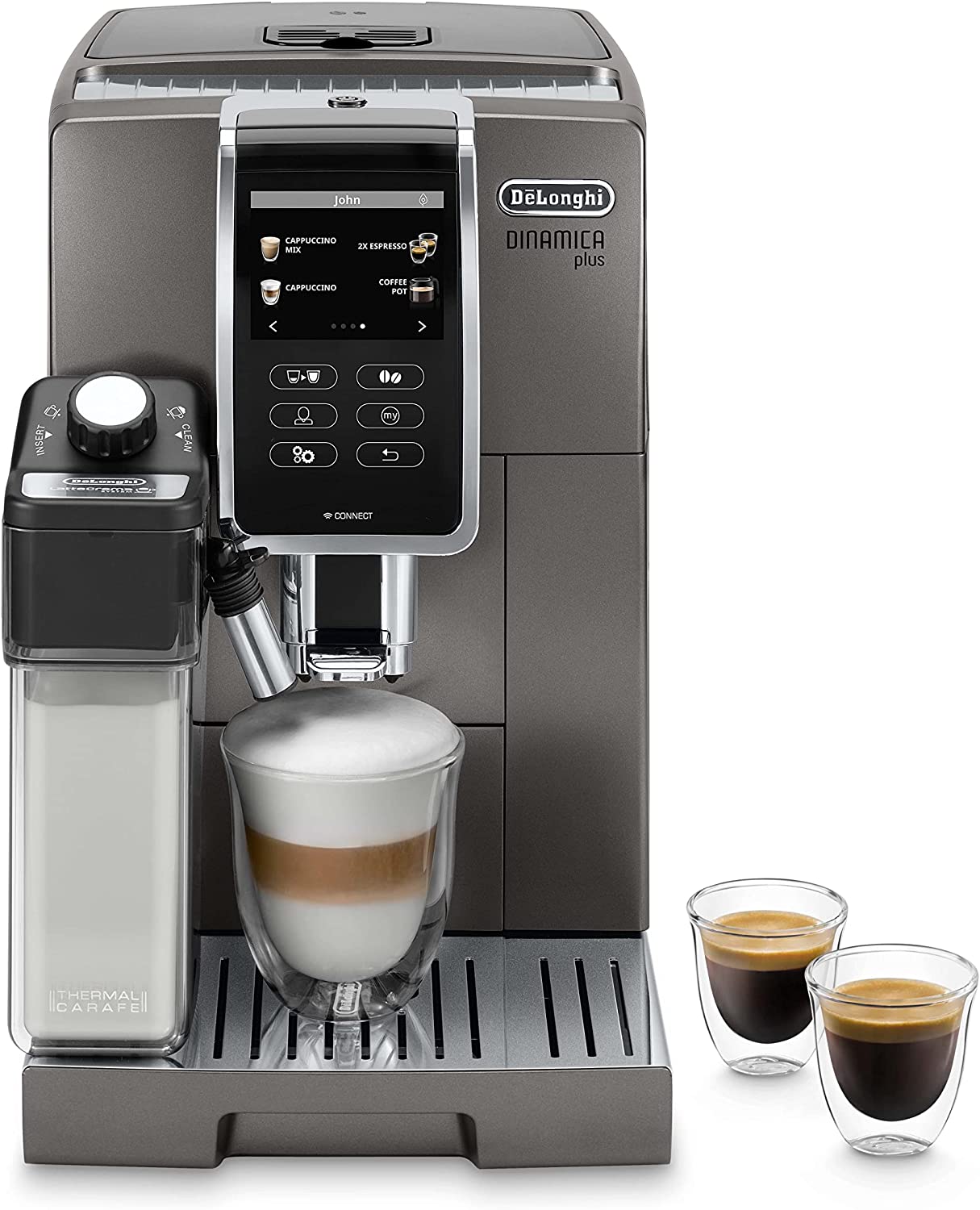 DeLonghi De\'Longhi Dinamica Plus ECAM 370.70.B Fully Automatic Coffee Machine with LatteCrema Milk System, Cappuccino & Espresso at the Push of a Button, 3.5 Inch TFT Touchscreen Colour Display, Coffee Pot Function, Black