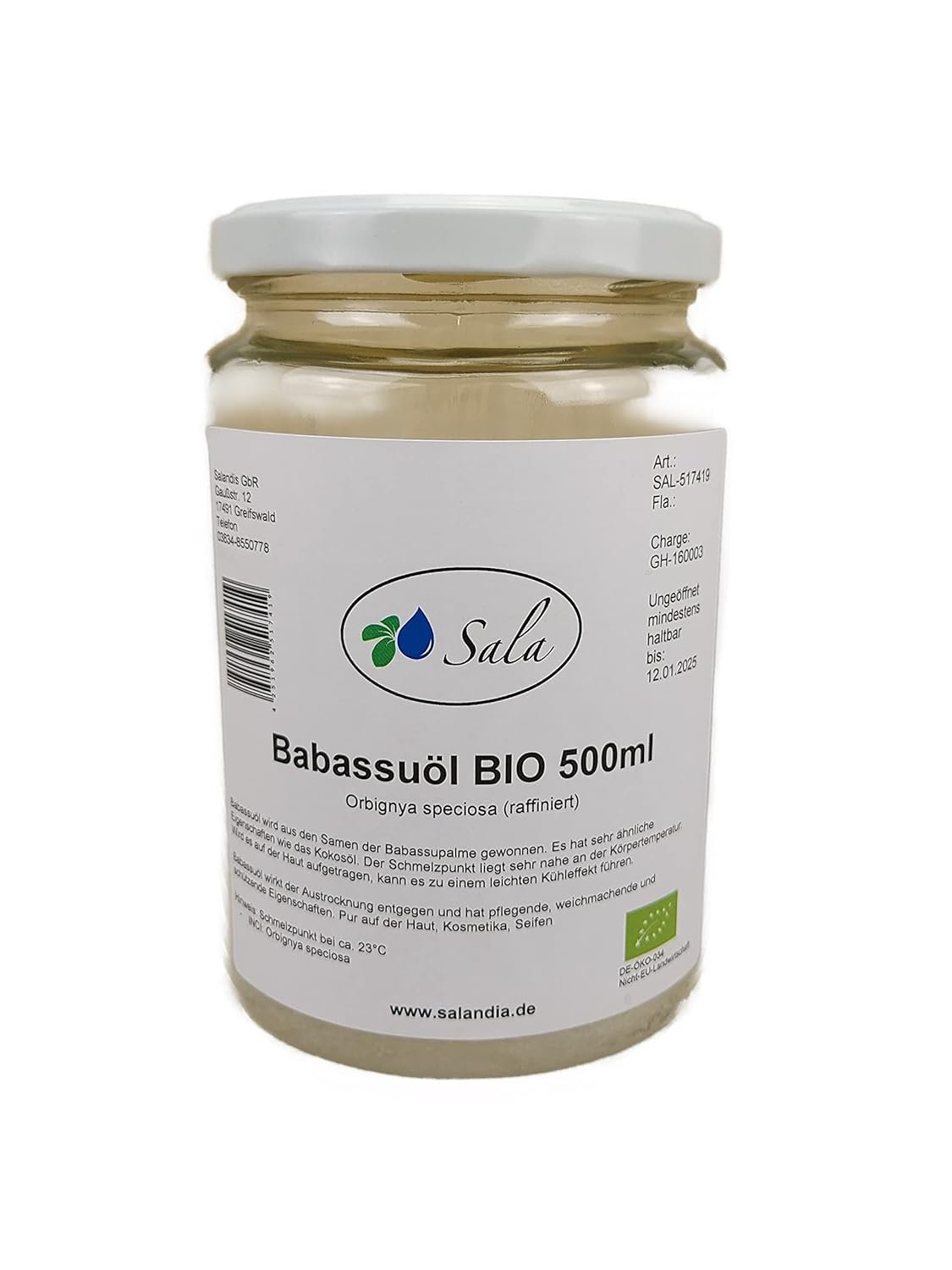 Sala Babassu Oil Refined Food Grade Organic (500 ml Glass)
