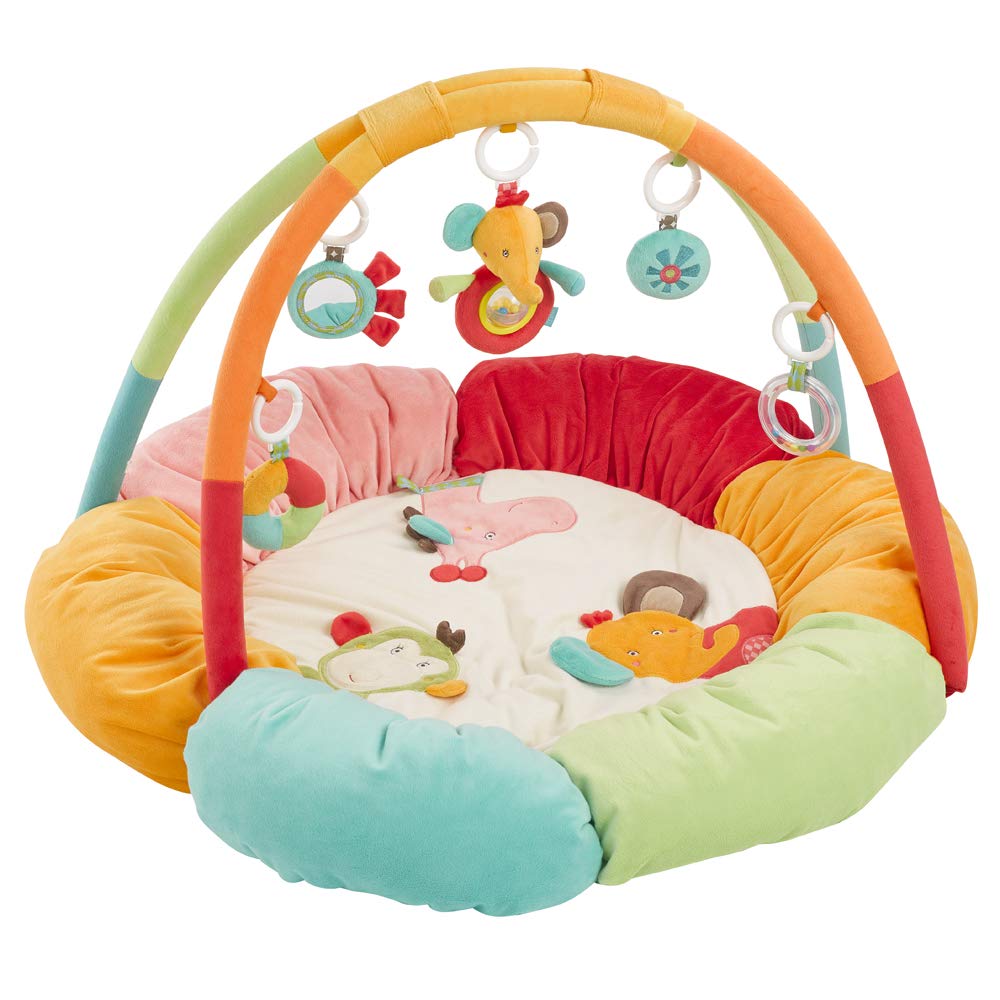 Fehn 071184 3-D-Activity-Nest Owl, Particularly Soft Play Arch with 5 Removable Play Toys for Babies, Play and Fun from Birth, Dimensions: Diameter 85 cm Rainbow rainbow
